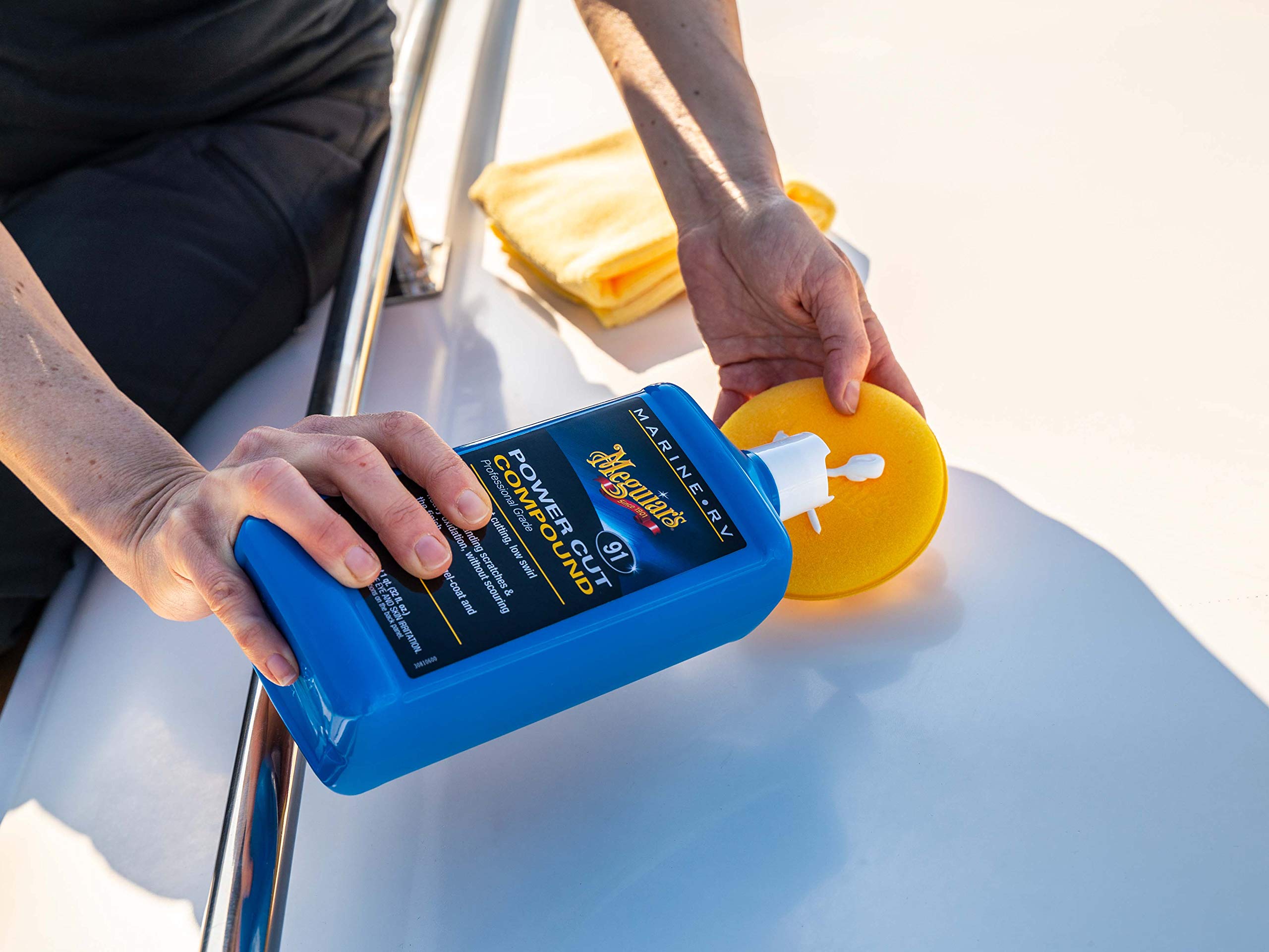 Meguiar's M91 on RV panel comparison revealing removed oxidation and improved finish