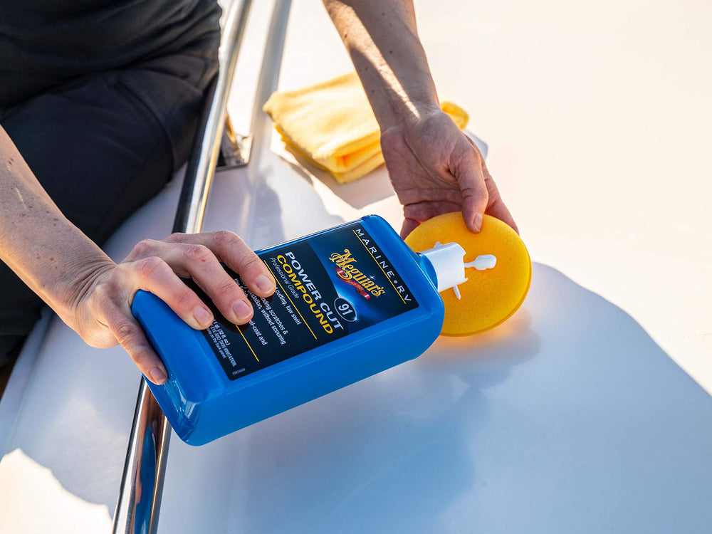 Meguiar's M91 on RV panel comparison revealing removed oxidation and improved finish