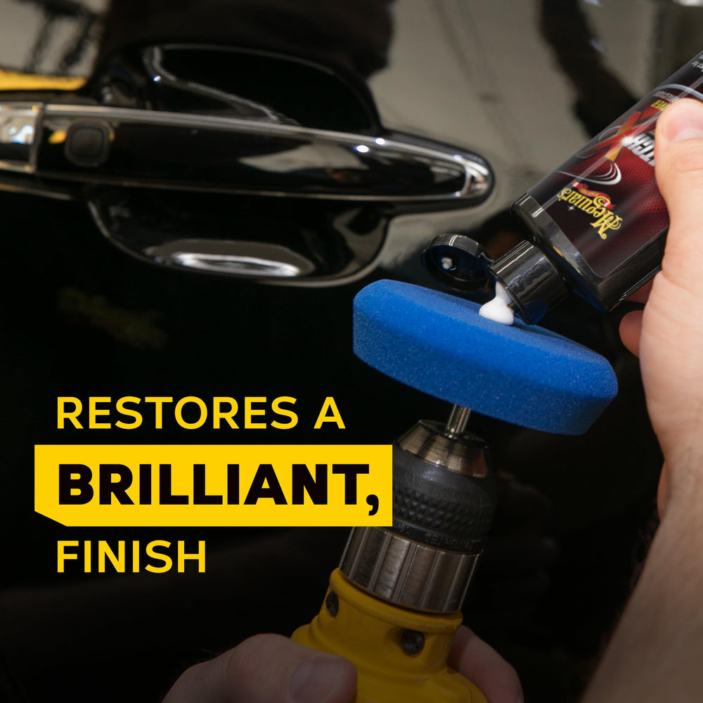 Meguiar's pad attached to drill demonstrating fast, low-effort restoration