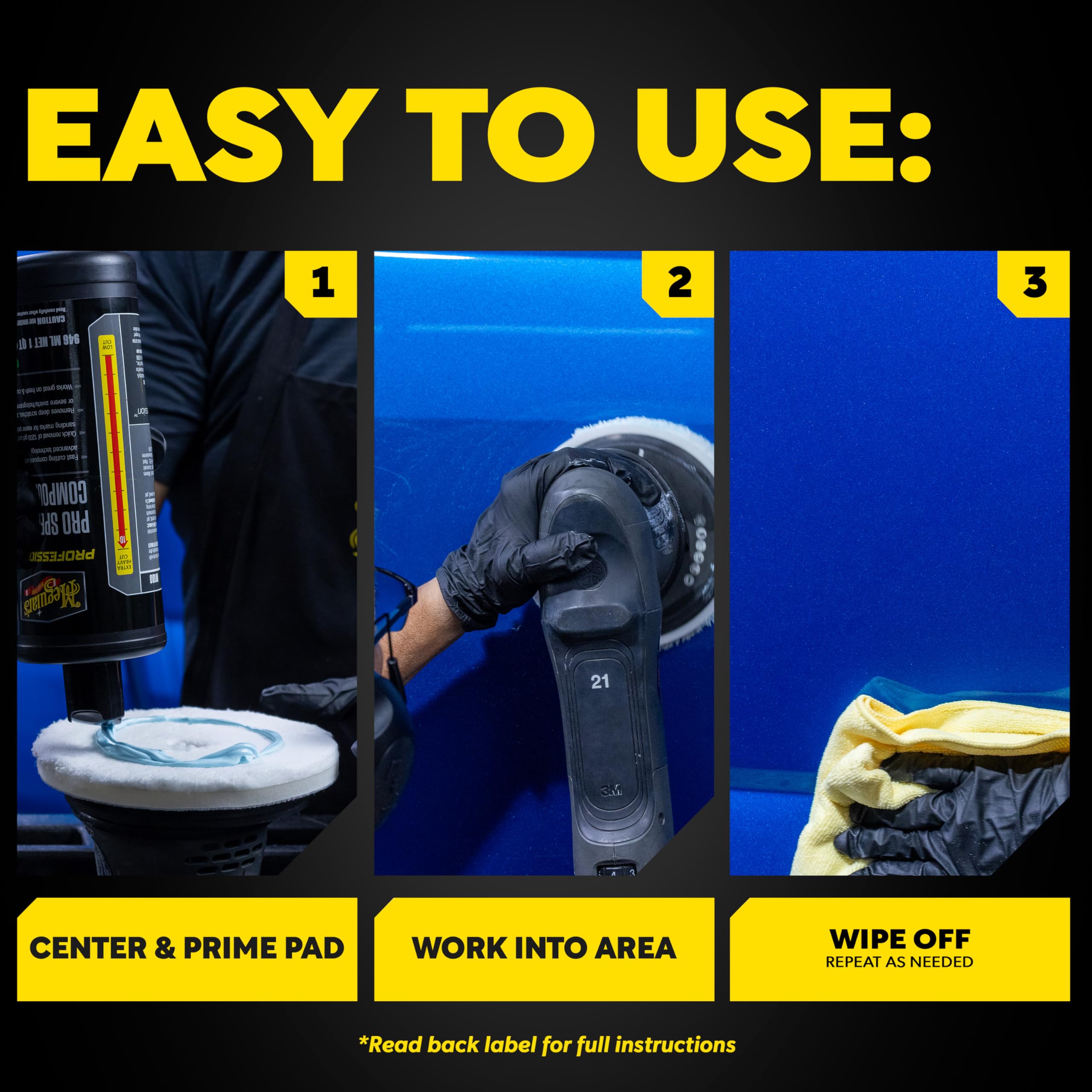 Meguiar's pad beside compound tube showing compatible workflow benefit