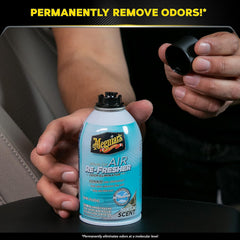 Meguiar's can beside included paper air freshener showing extended scent benefit