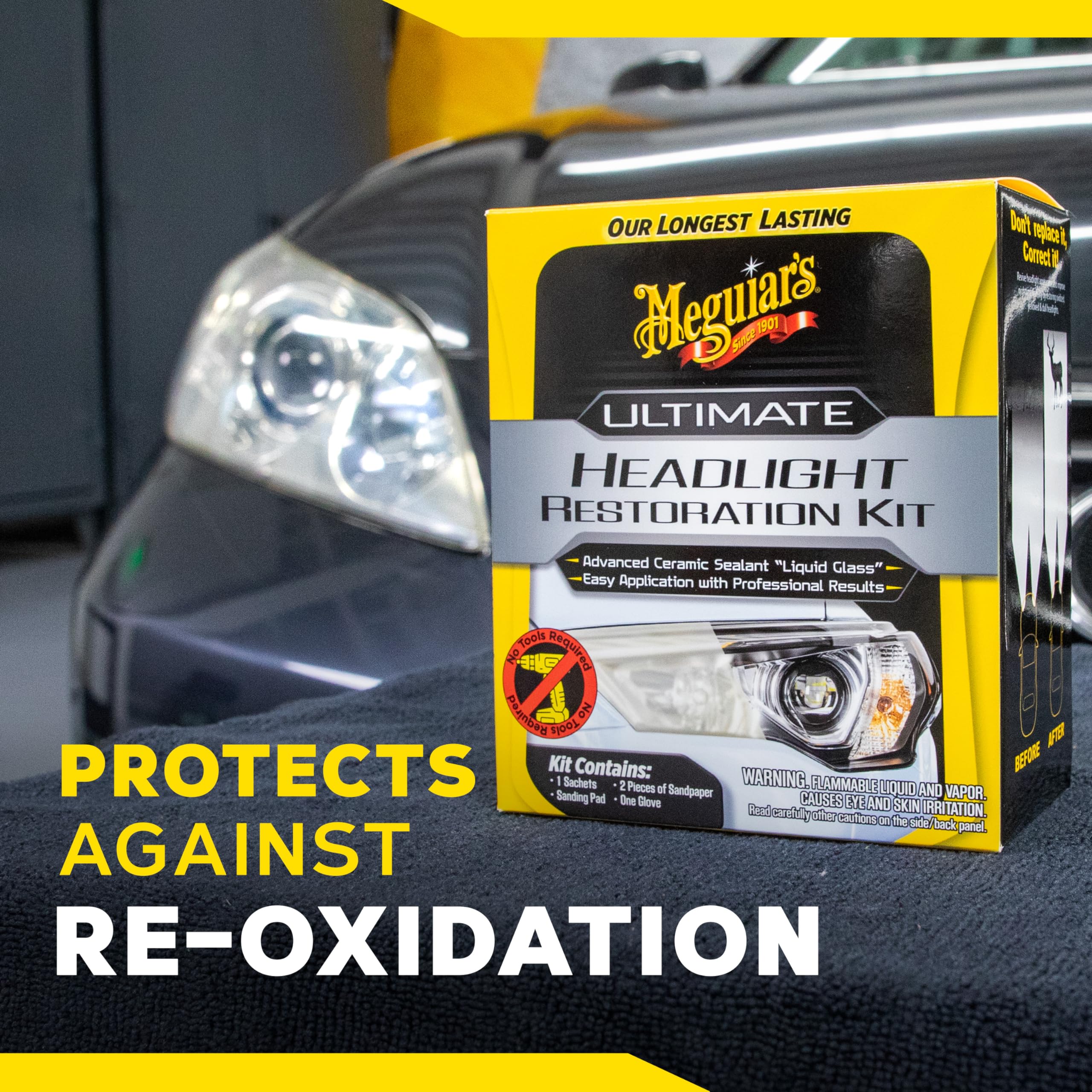 Meguiar's kit beside headlight for scale showing compact, complete system