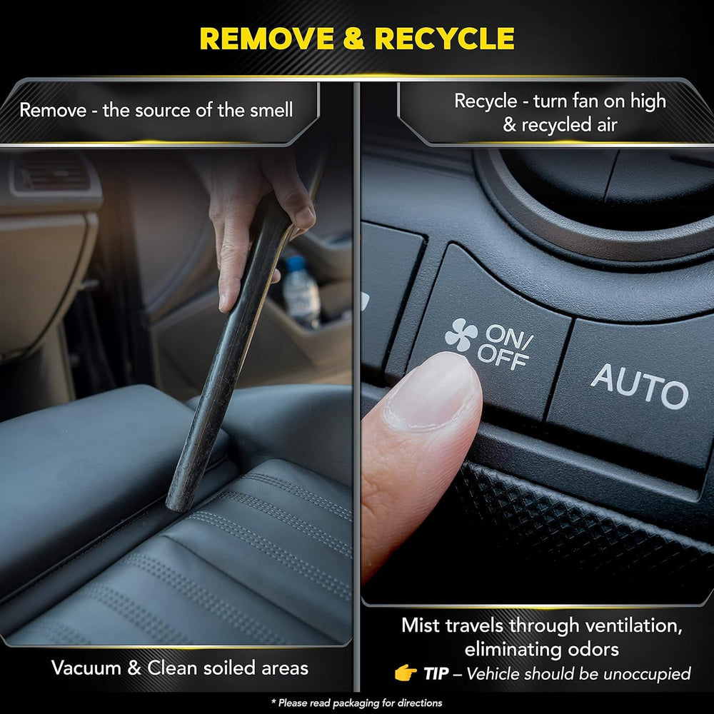 Meguiar's aerosol mist reaching carpet and seat to remove embedded odors