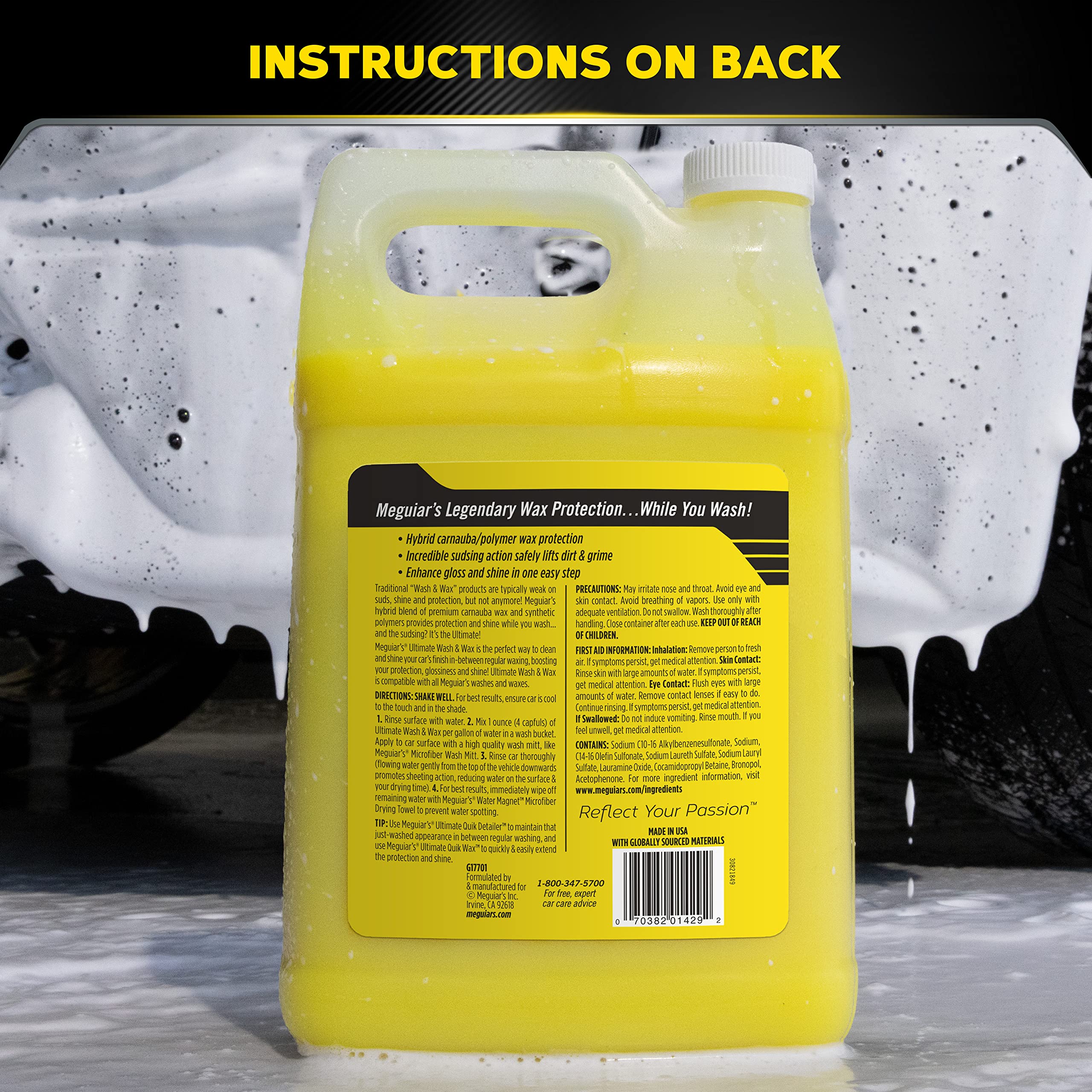 Meguiar's label close-up highlighting carnauba and polymer ingredients