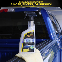 Meguiar's in-use on car door panel showing quick cleaning and gloss restoration