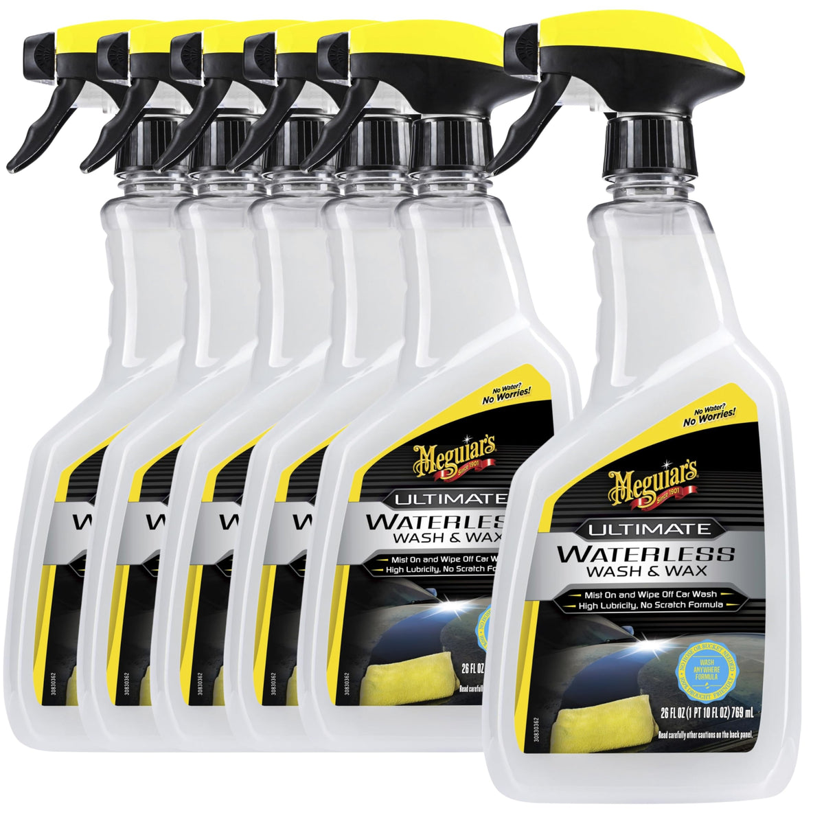 Meguiar's front packaging showing six 26 oz spray bottles, easy storage benefit
