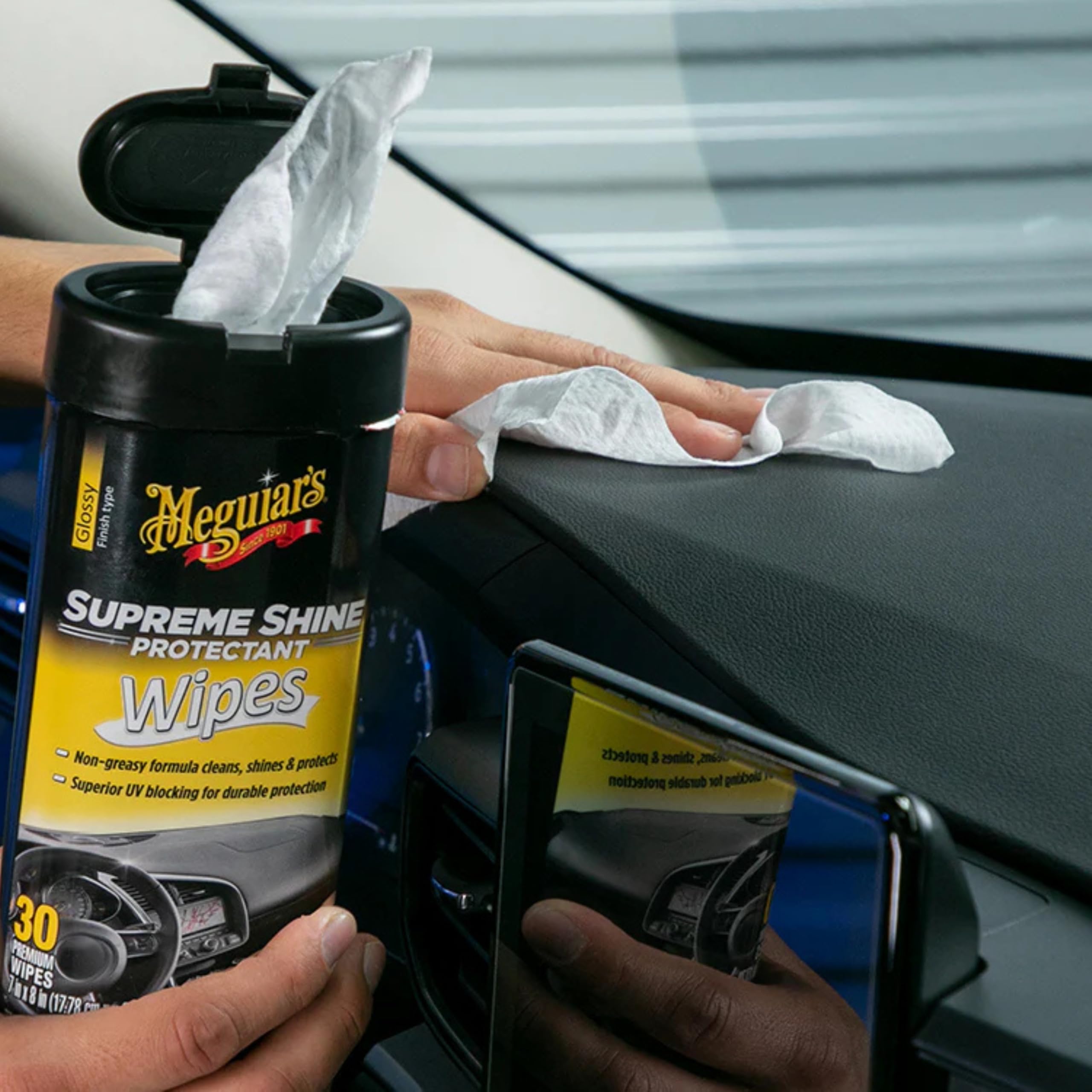 Meguiar's close-up of wipe texture highlighting even glossy application benefit