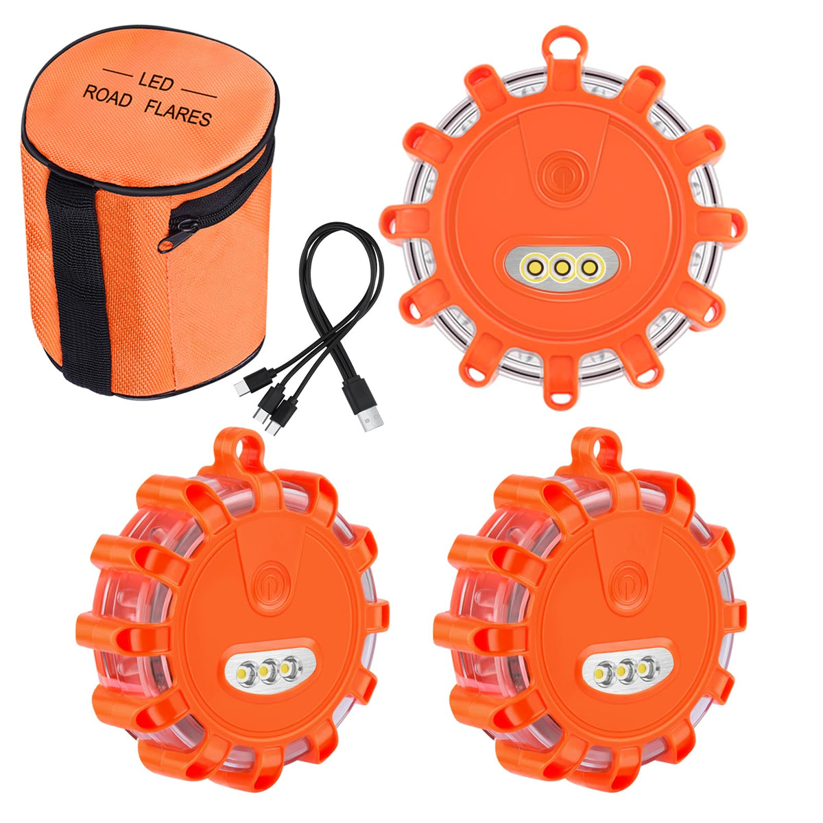Meliya front view of three-pack orange flares showing kit contents and benefit of preparedness
