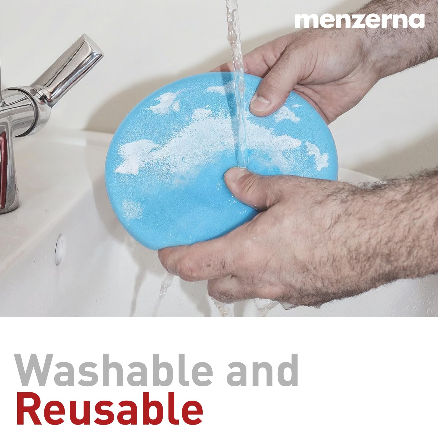 menzerna blue foam pad mounted on polisher showing controlled product spread