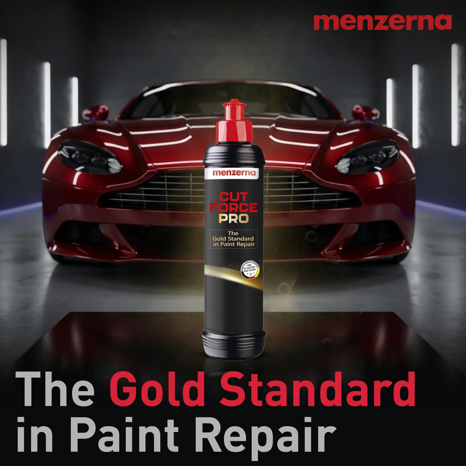menzerna bottle beside polisher in garage setting, professional finish benefit