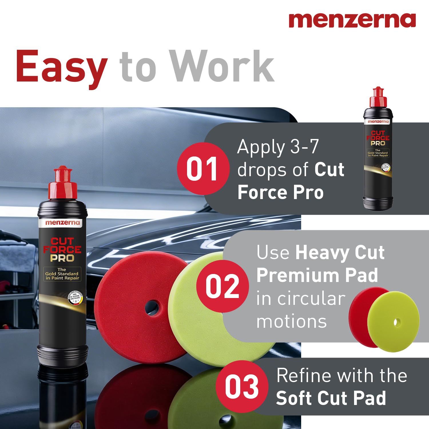 menzerna on red heavy-cut pad in use, fast defect removal benefit