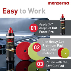 menzerna on red heavy-cut pad in use, fast defect removal benefit