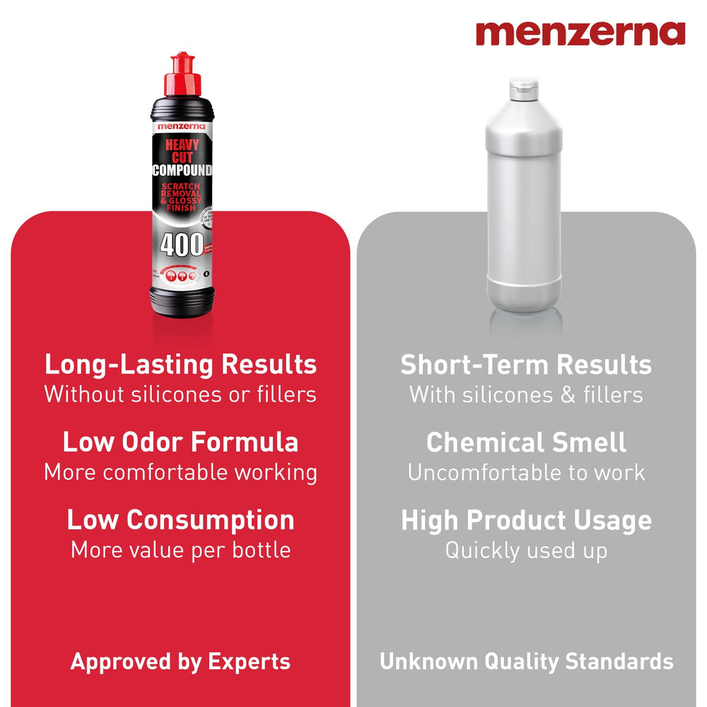 menzerna bottle in hand indicating compact 8 oz size for portability