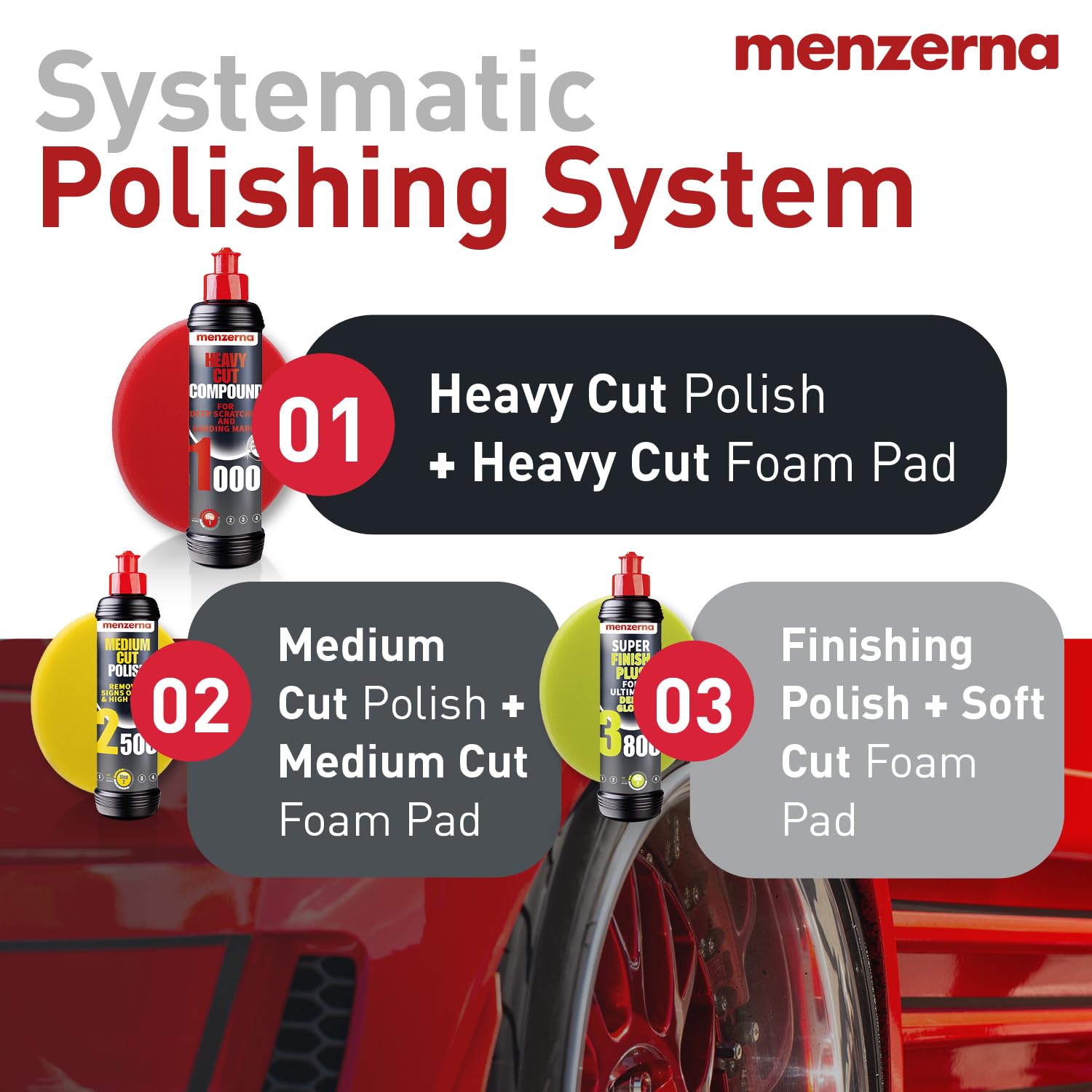 menzerna pad resting in a detailing bay showing professional setup and finishing workflow benefit