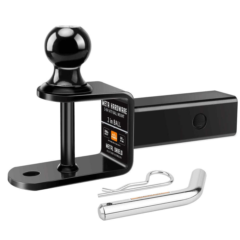 META Hardware front view of 3-in-1 hitch mount showing all attachment points and strength