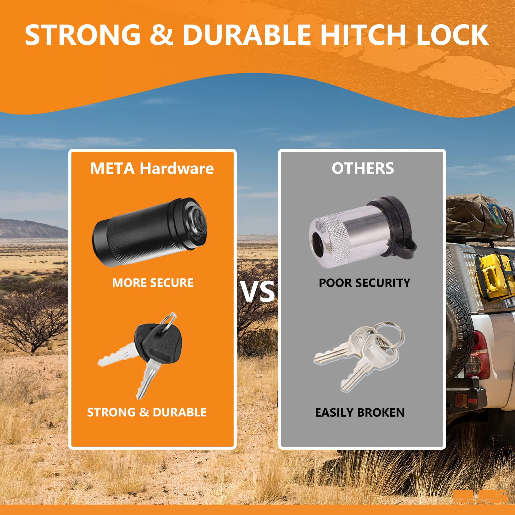 META Hardware lock installed in a 2" receiver demonstrating secure fit while towing