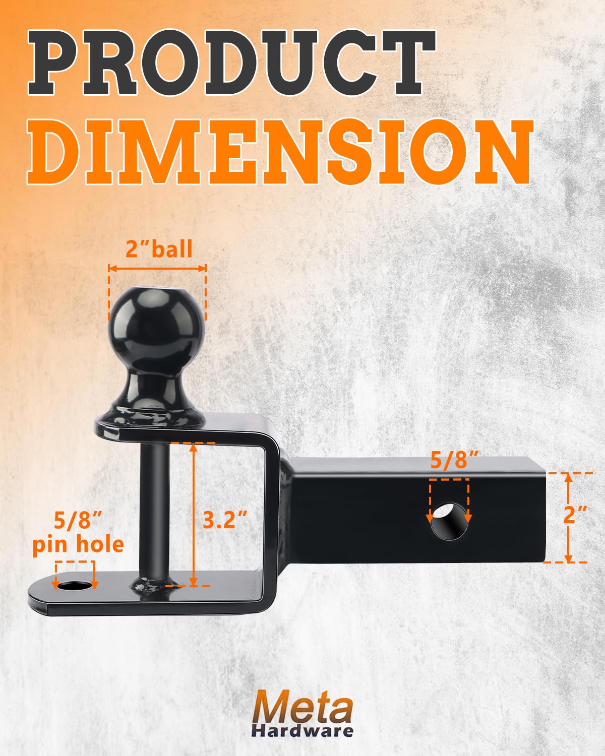 META Hardware trailer ball and 5/8 inch clevis hole visible for towing versatility