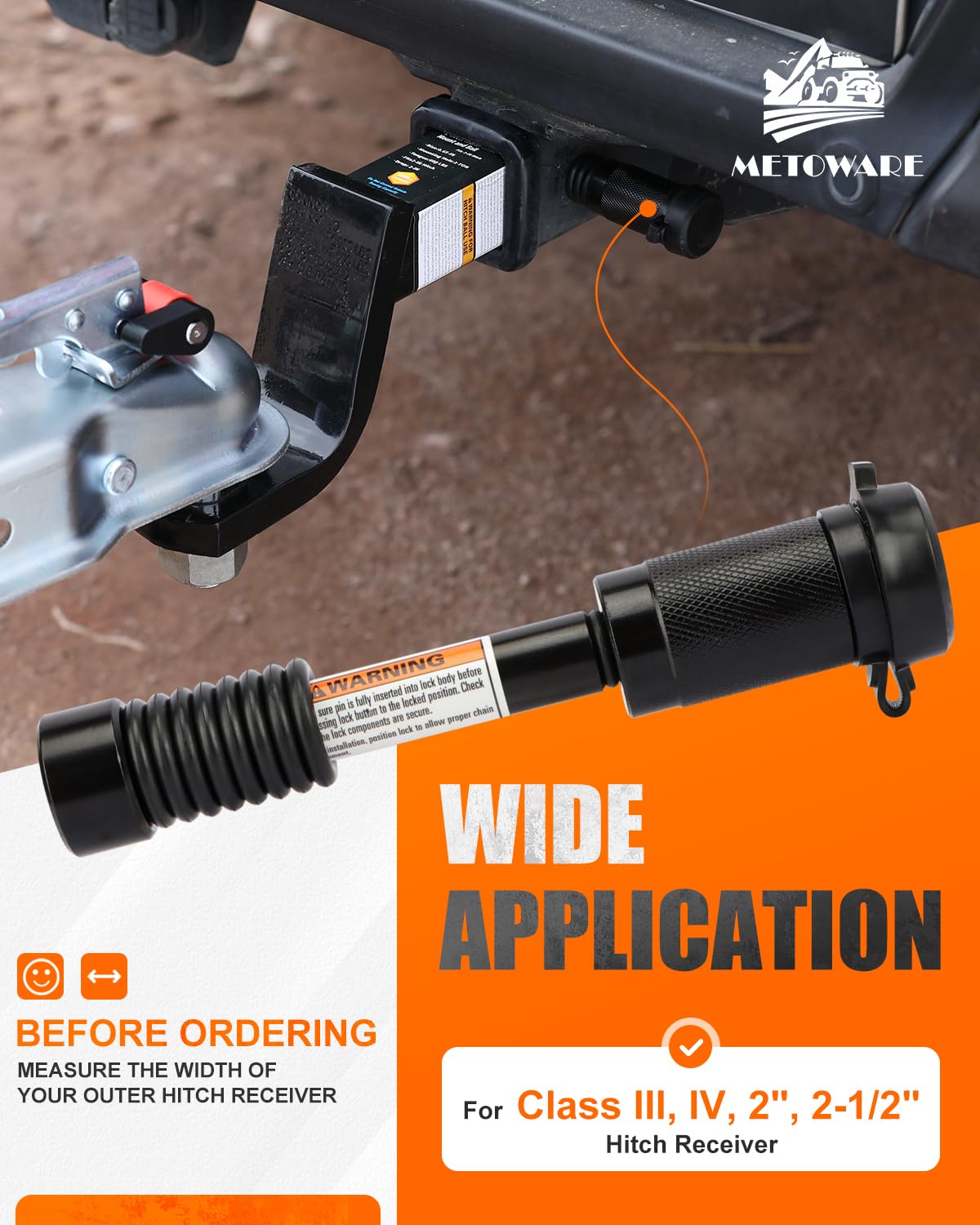 METOWARE hitch lock installed on truck receiver showing secure towing benefit