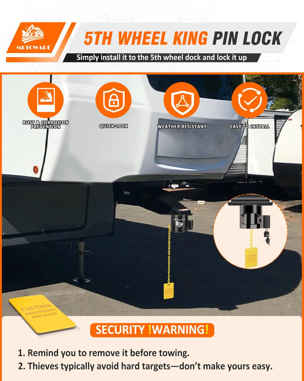METOWARE installed on an RV hitch in a campsite scene highlighting travel security benefit