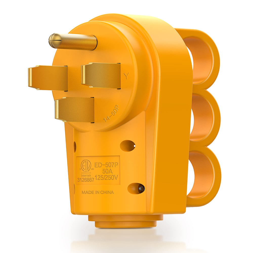 MICTUNING front view of 50A RV plug, durable visible yellow for safer hookups