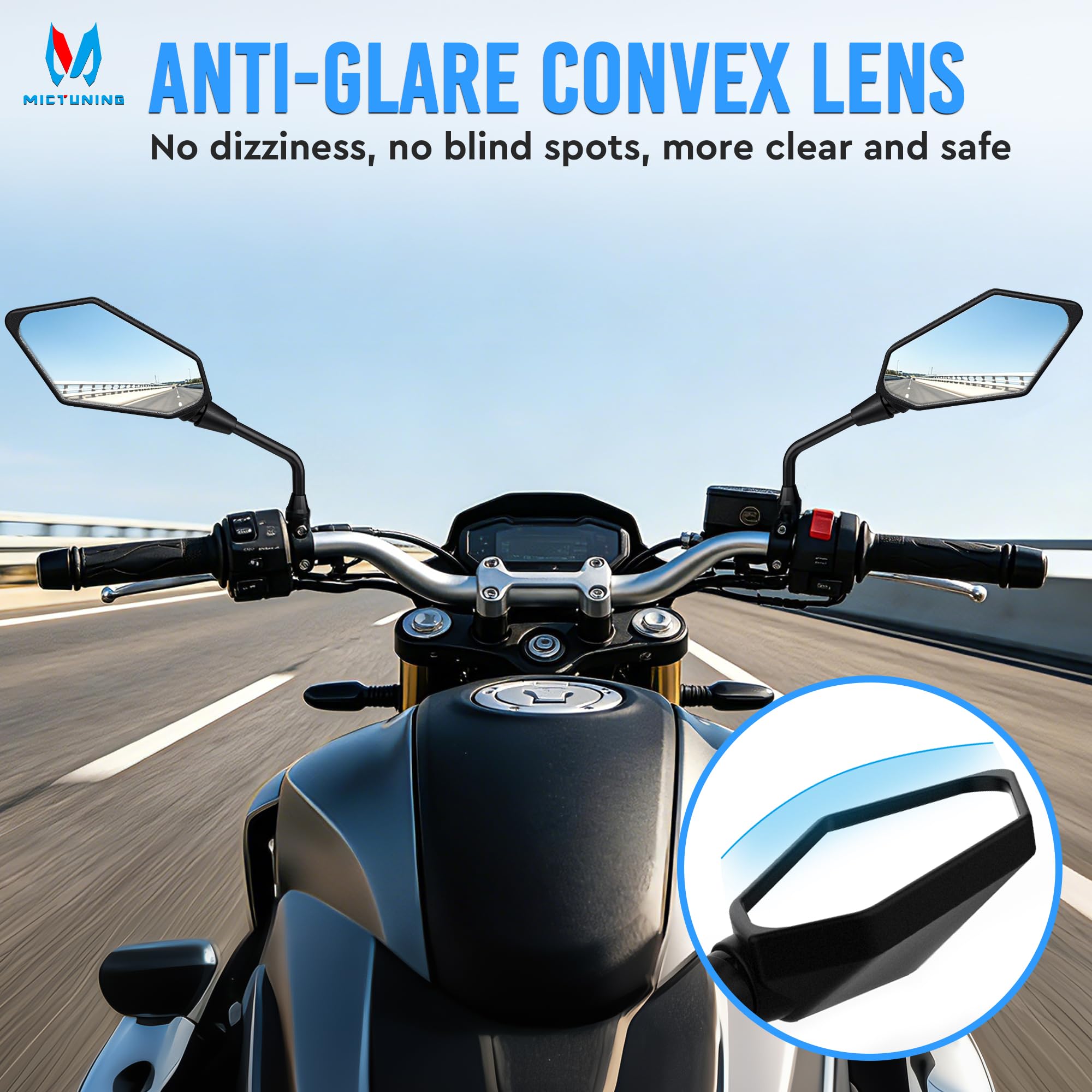 MICTUNING hawk-eye side profile illustrating aerodynamic shape and reduced wind drag