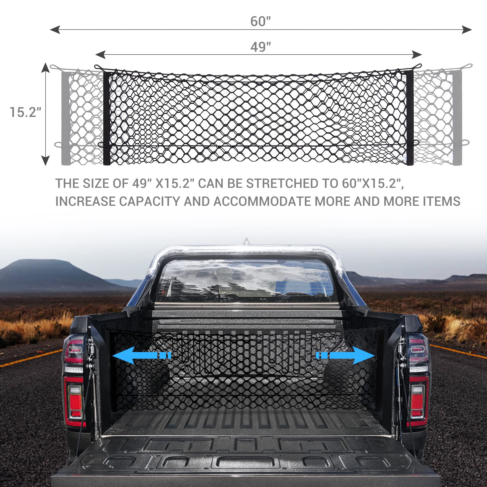 MICTUNING cargo net installed in a pickup bed demonstrating secure containment and neat organization
