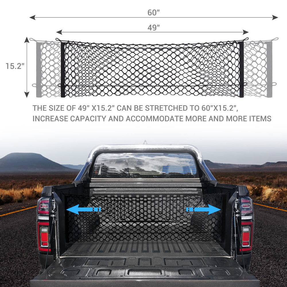 MICTUNING cargo net installed in a pickup bed demonstrating secure containment and neat organization