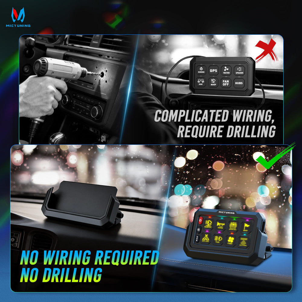 MICTUNING control box with wiring and fuses visible, protects circuits and supplies power
