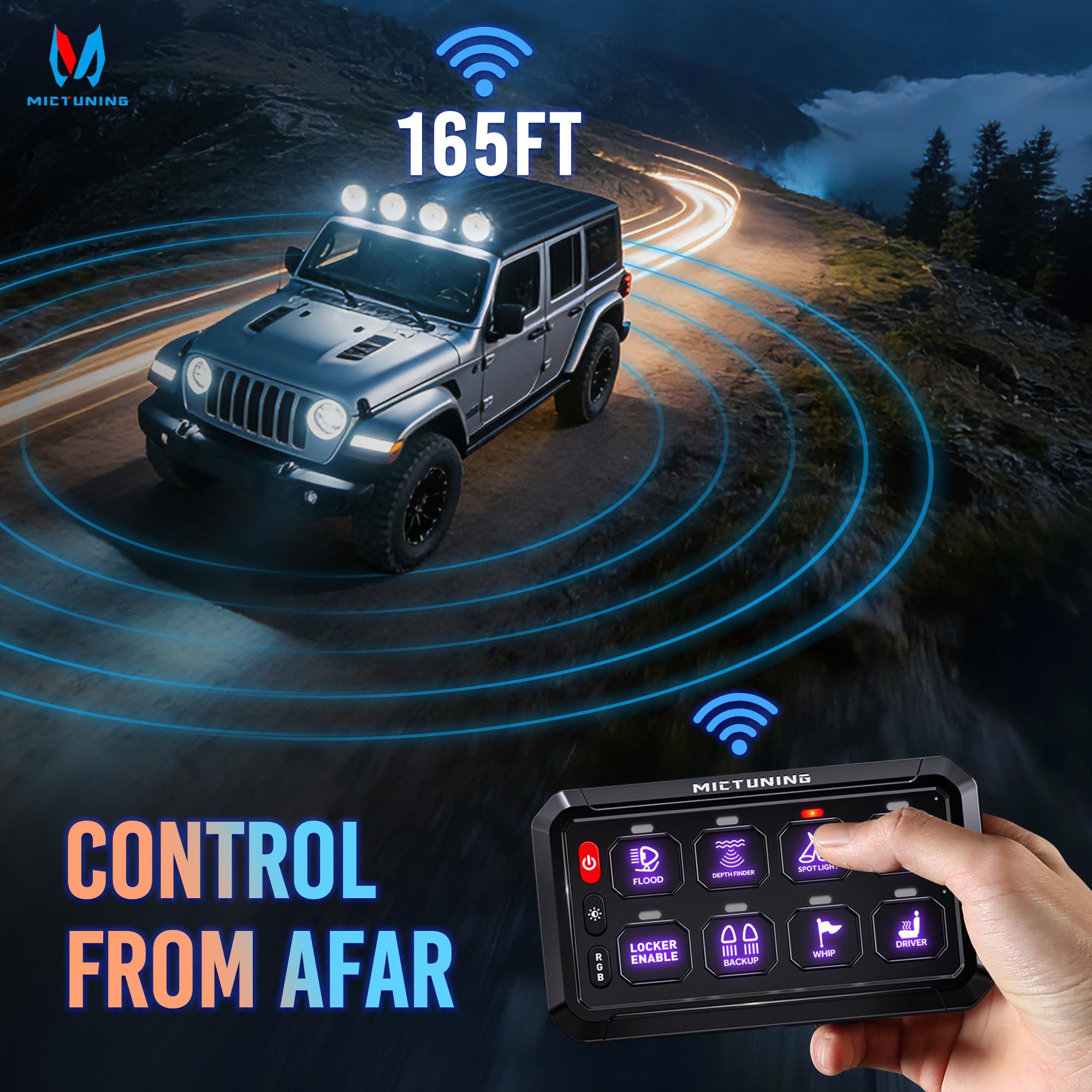 MICTUNING panel seated in included holder acting as a removable remote for convenience