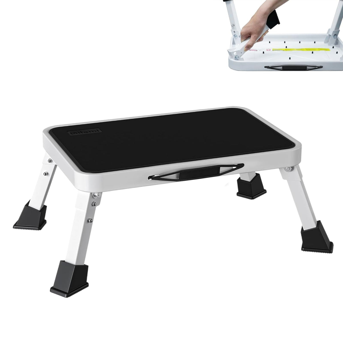 Mifami front view folded stool showing slim storage and portability