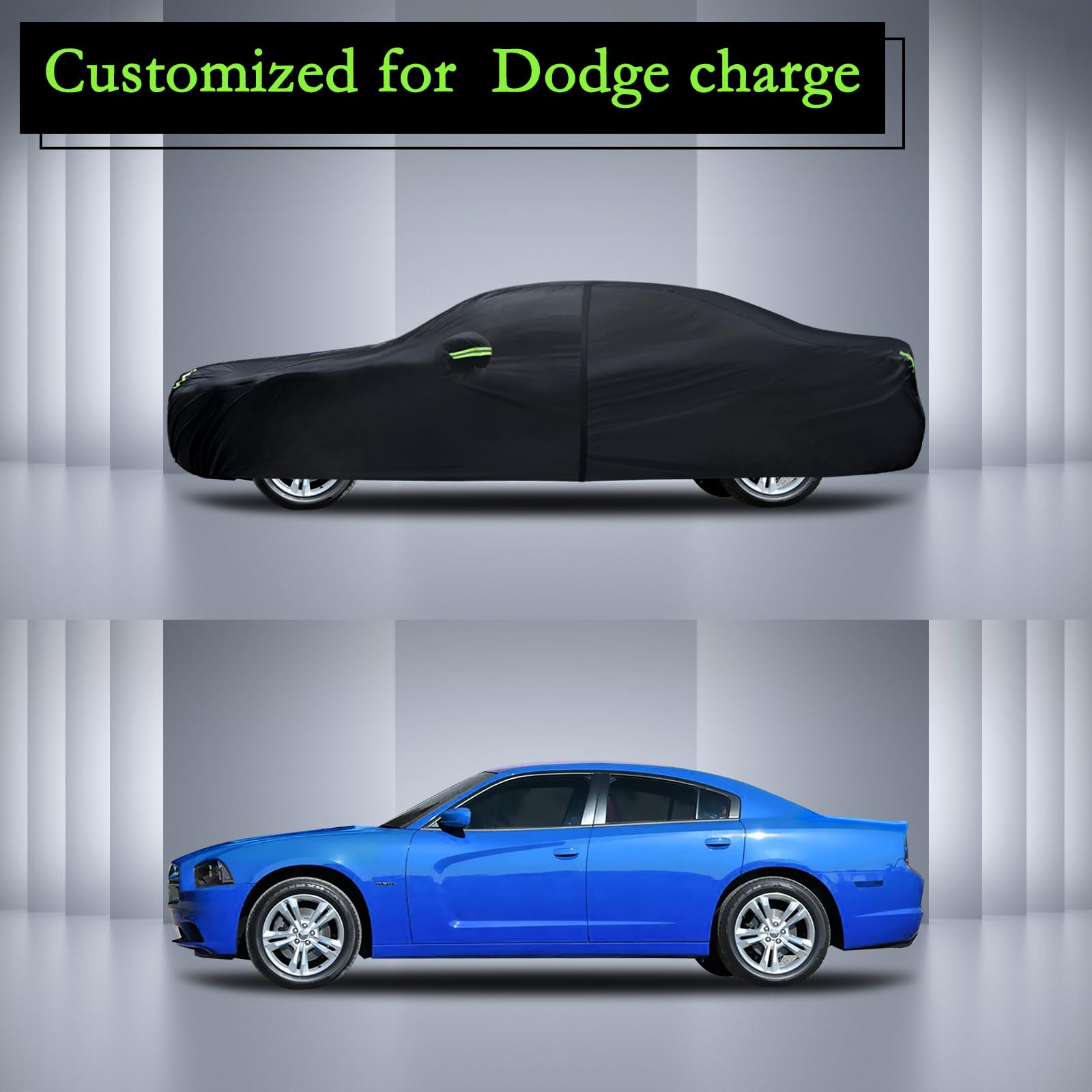 Migaven on Dodge Charger in driveway demonstrating all-weather protection outdoors