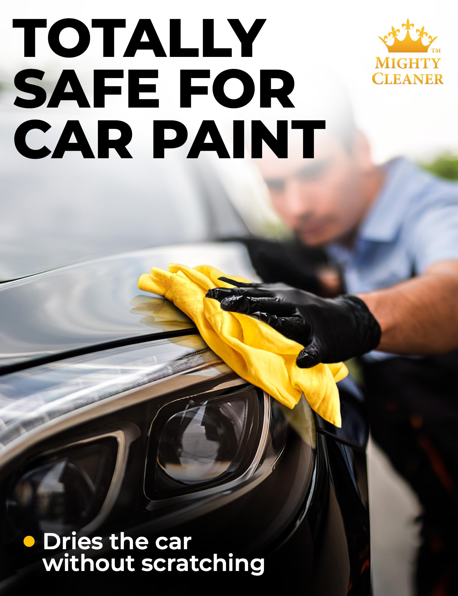 Mighty Cleaner drying a car hood efficiently with no streaks visible