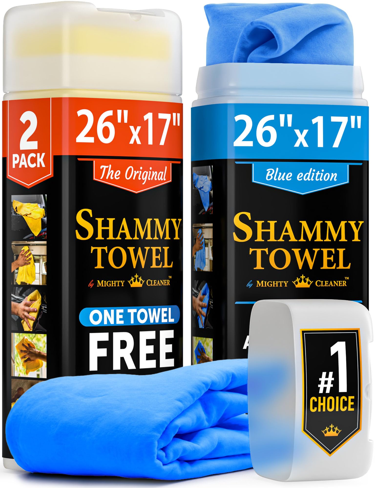 Mighty Cleaner front packaging showing two tubes and extra towel, clear value
