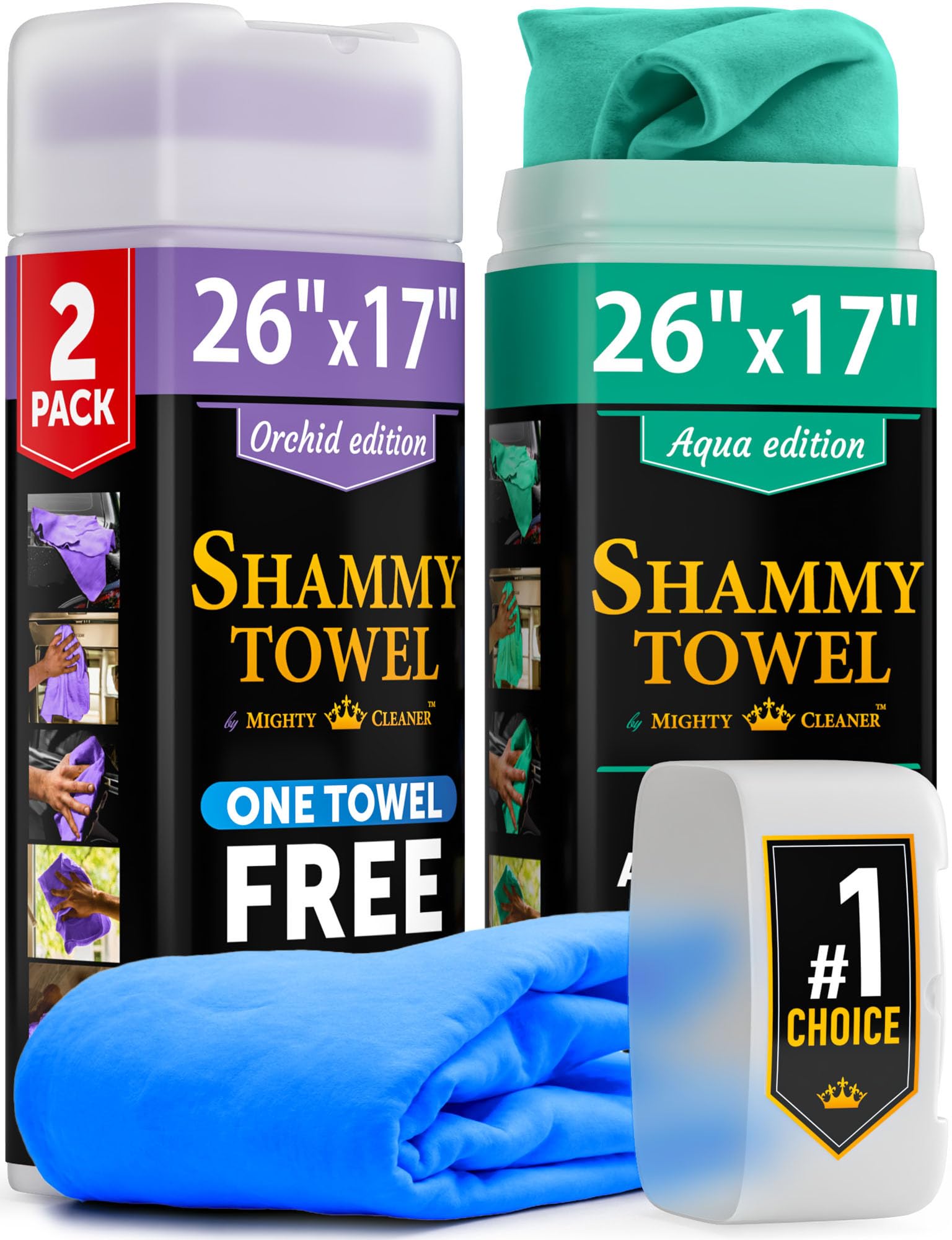 Mighty Cleaner front packaging showing two tubes and bonus towel for quick identification