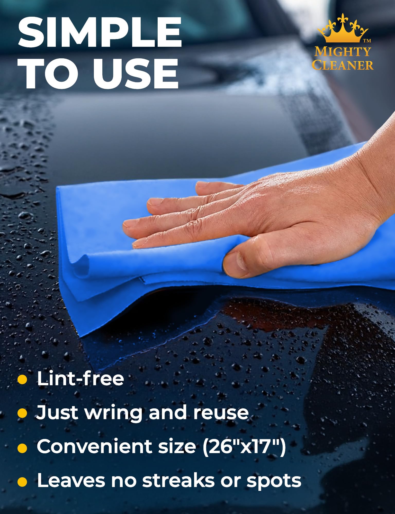 Mighty Cleaner polishing glass with chamois for clear, lint-free windows