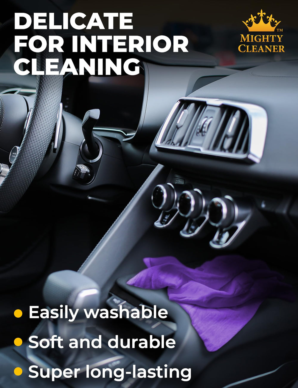 Mighty Cleaner towel beside hand showing 26x17 inch coverage per pass