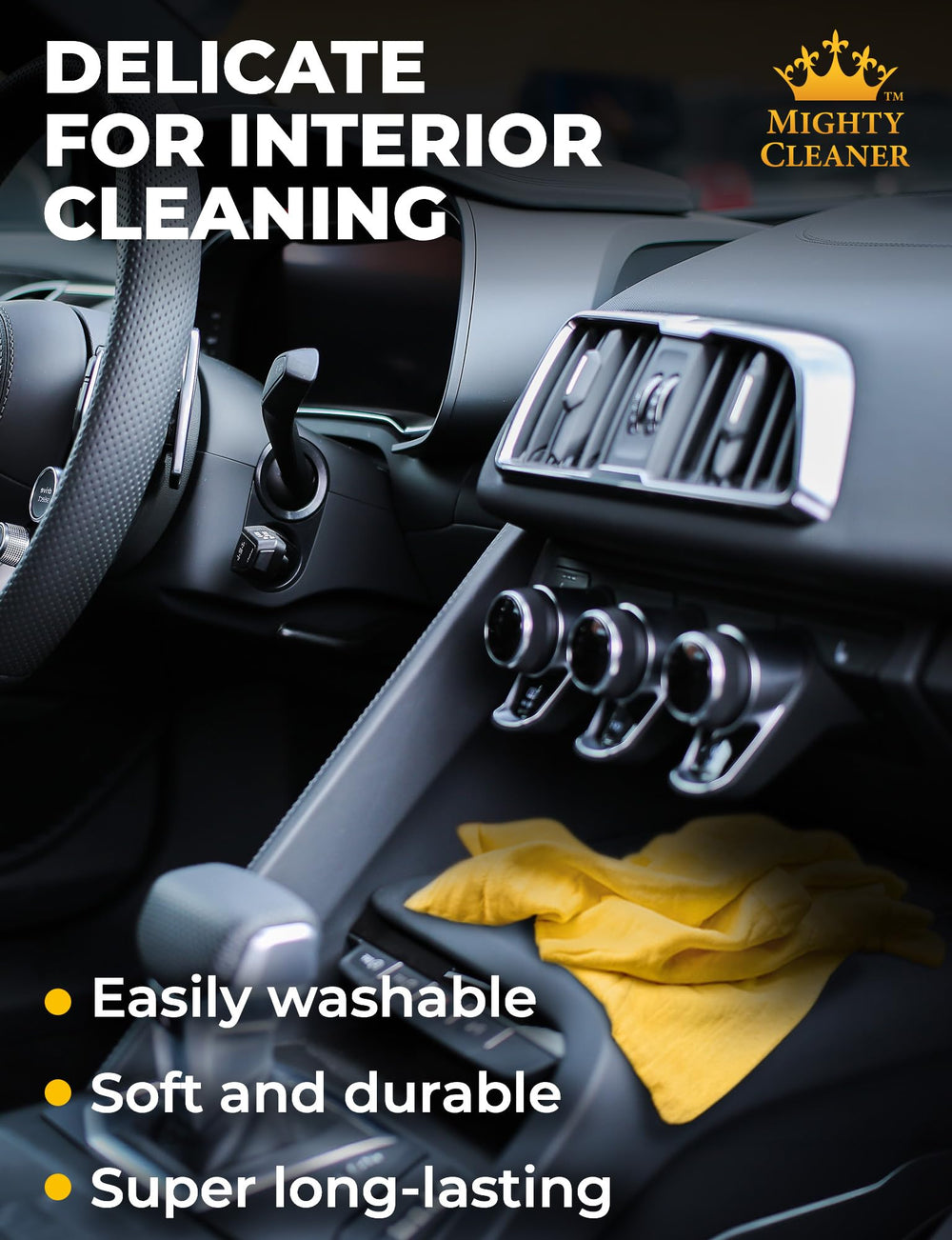 Mighty Cleaner wringing water from shammy to show high absorbency