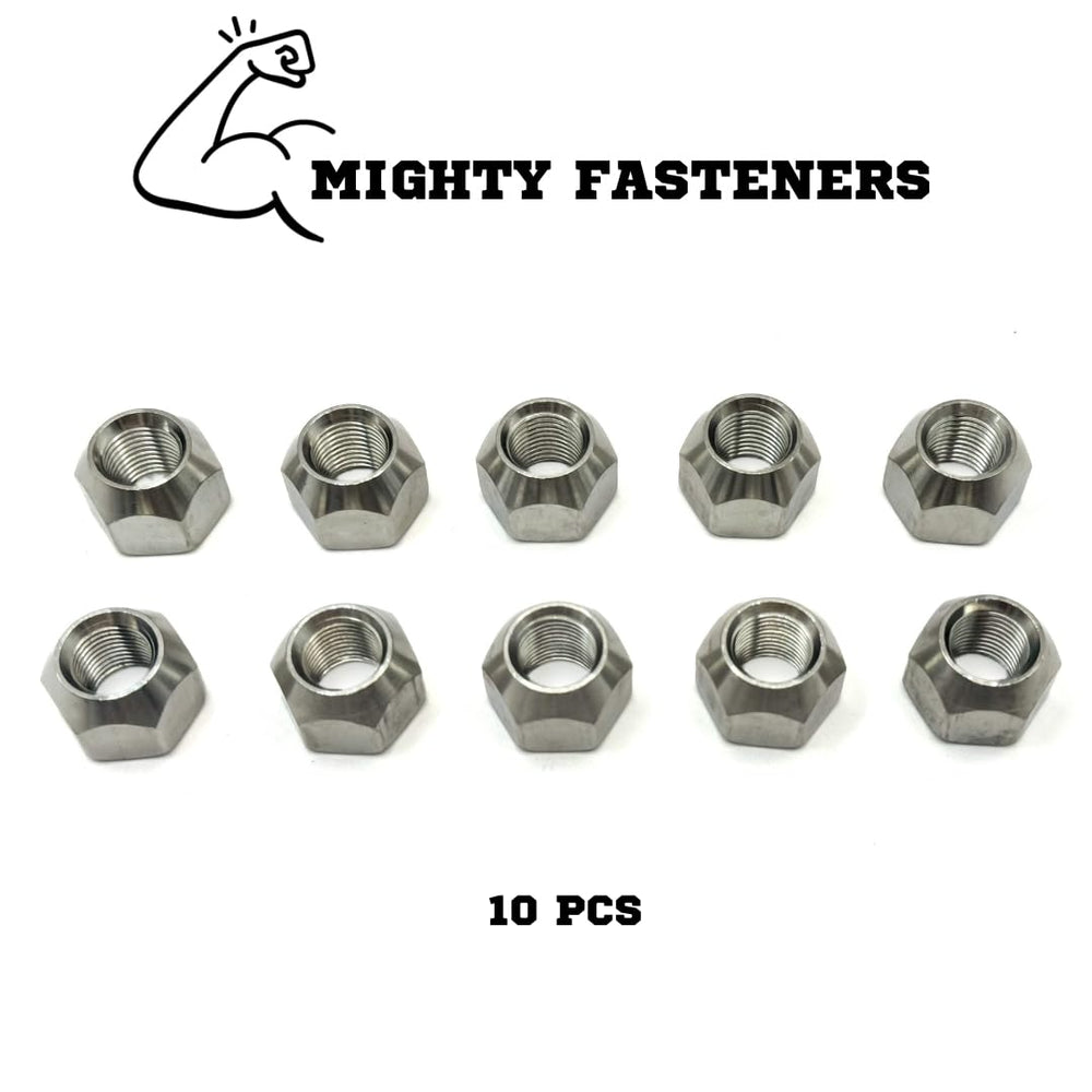 Mighty Fasteners nut threaded onto wheel stud demonstrating quick mounting