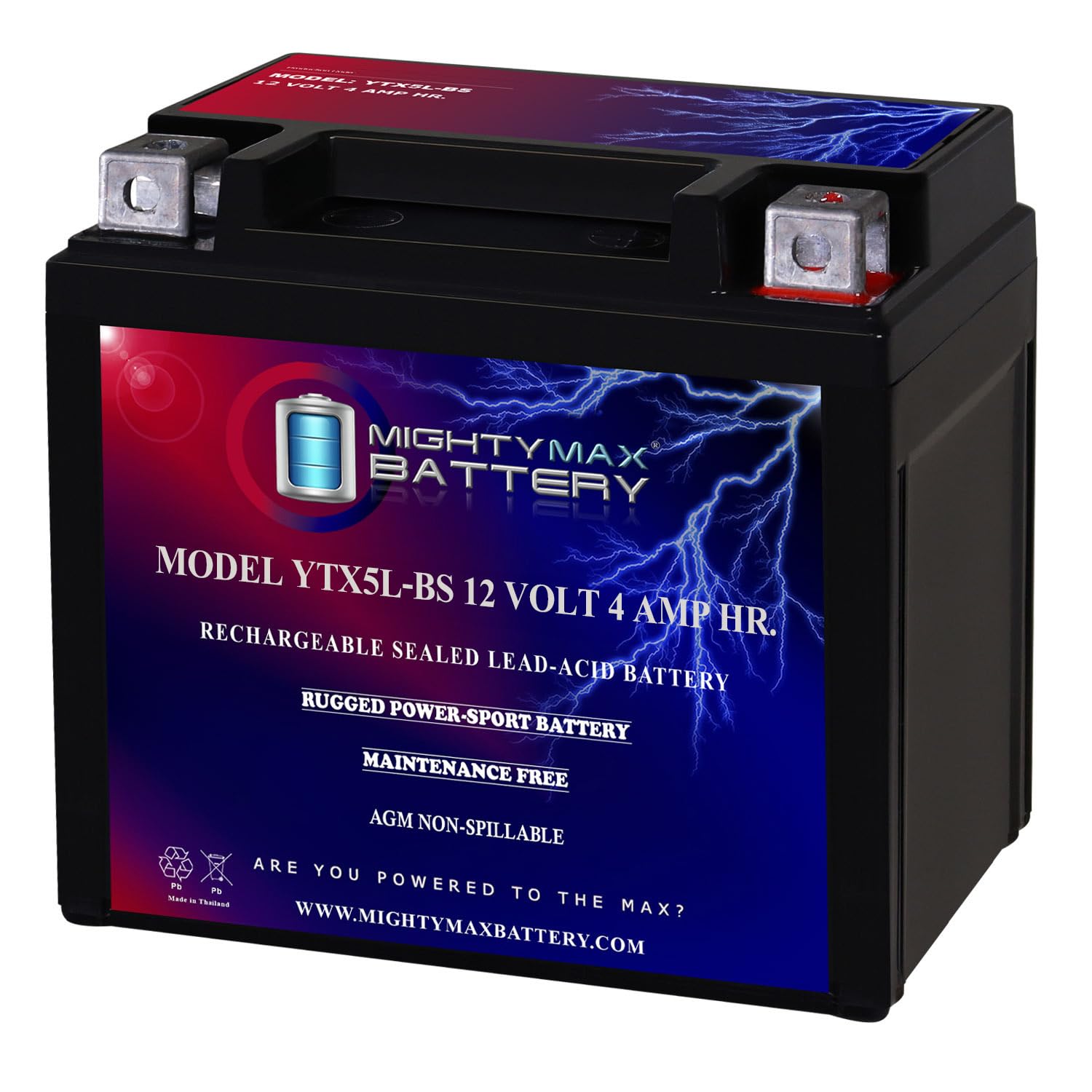 Mighty Max Battery front view showing compact 12V 4Ah size and ready-to-install benefit