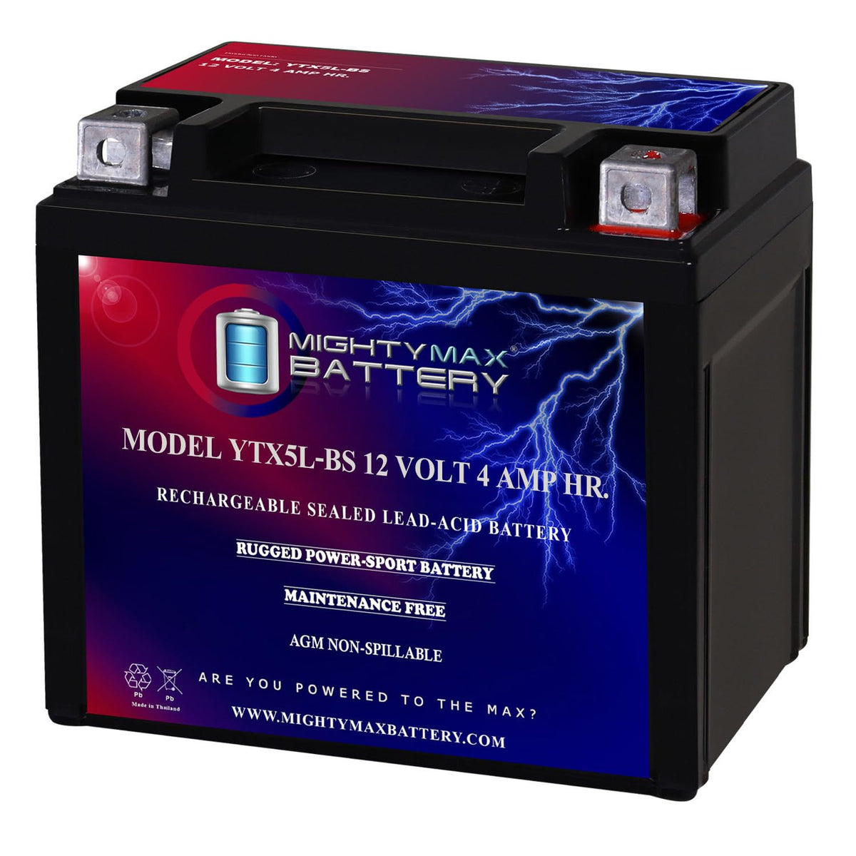 Mighty Max Battery front view showing compact 12V 4Ah size and ready-to-install benefit