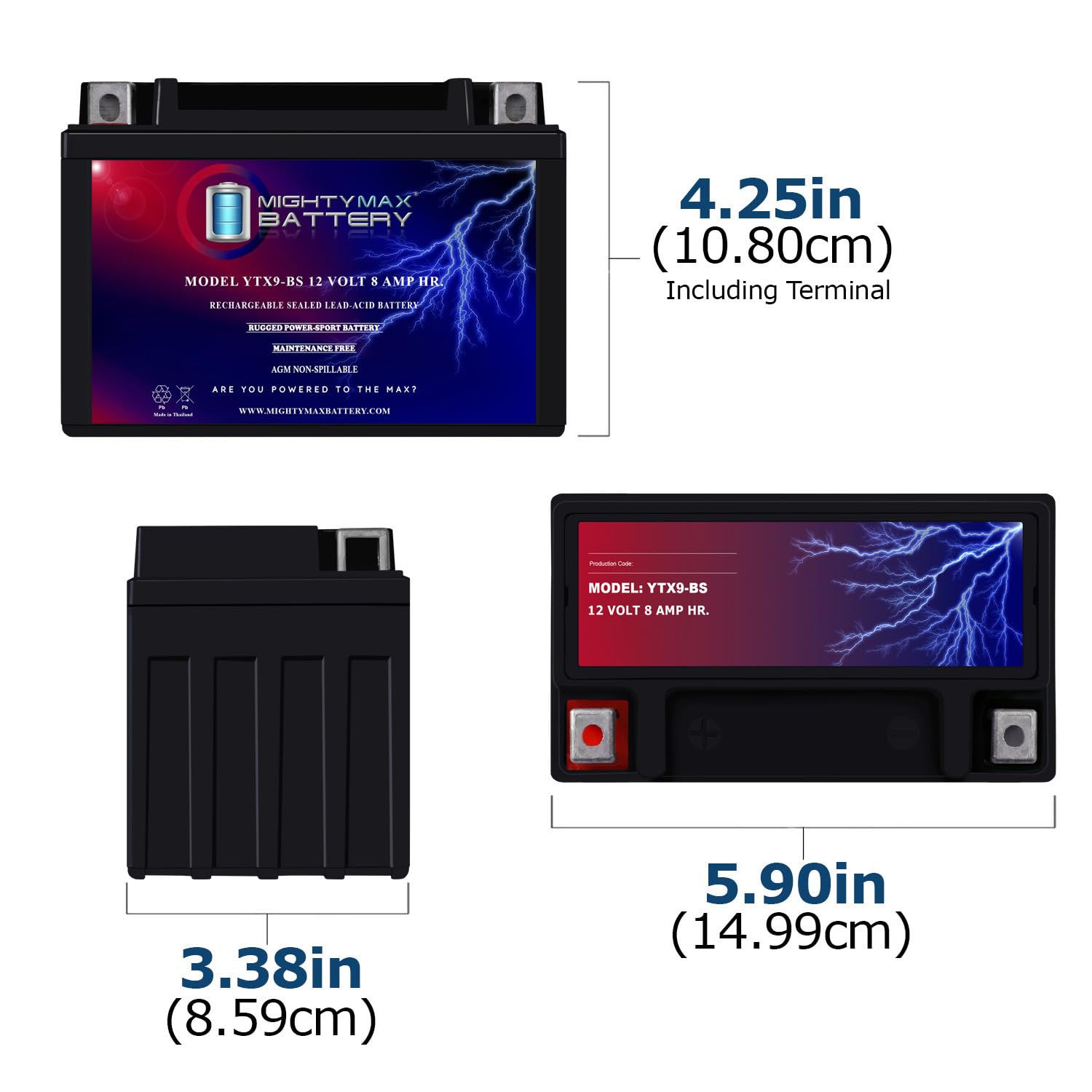 Mighty Max Battery top terminals close-up with left positive orientation for correct hookup