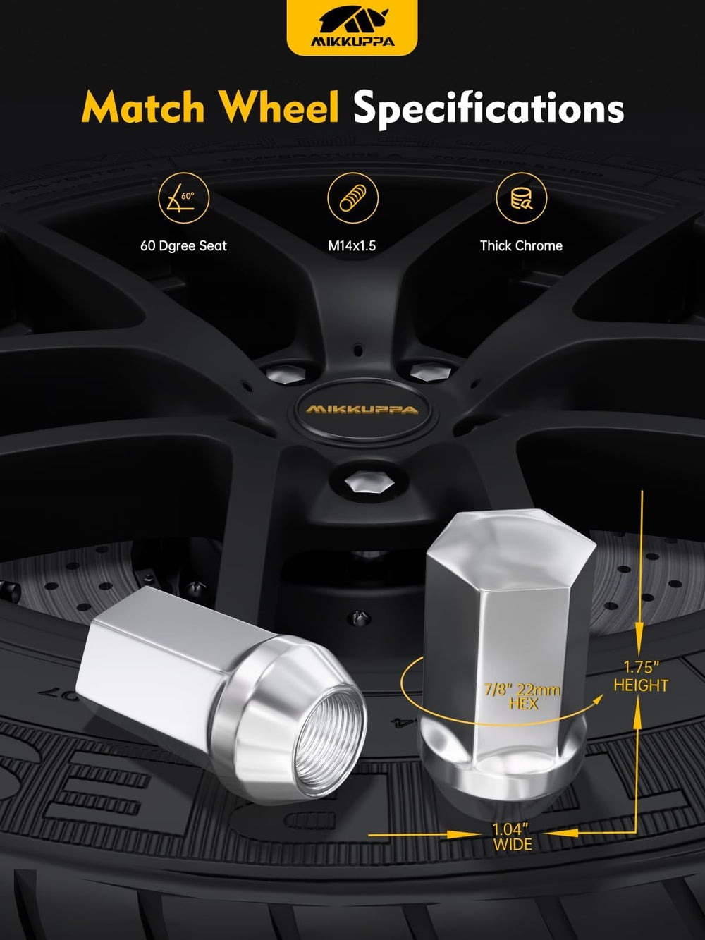 MIKKUPPA close-up of M14x1.5 thread and 60° seat for accurate OEM fit