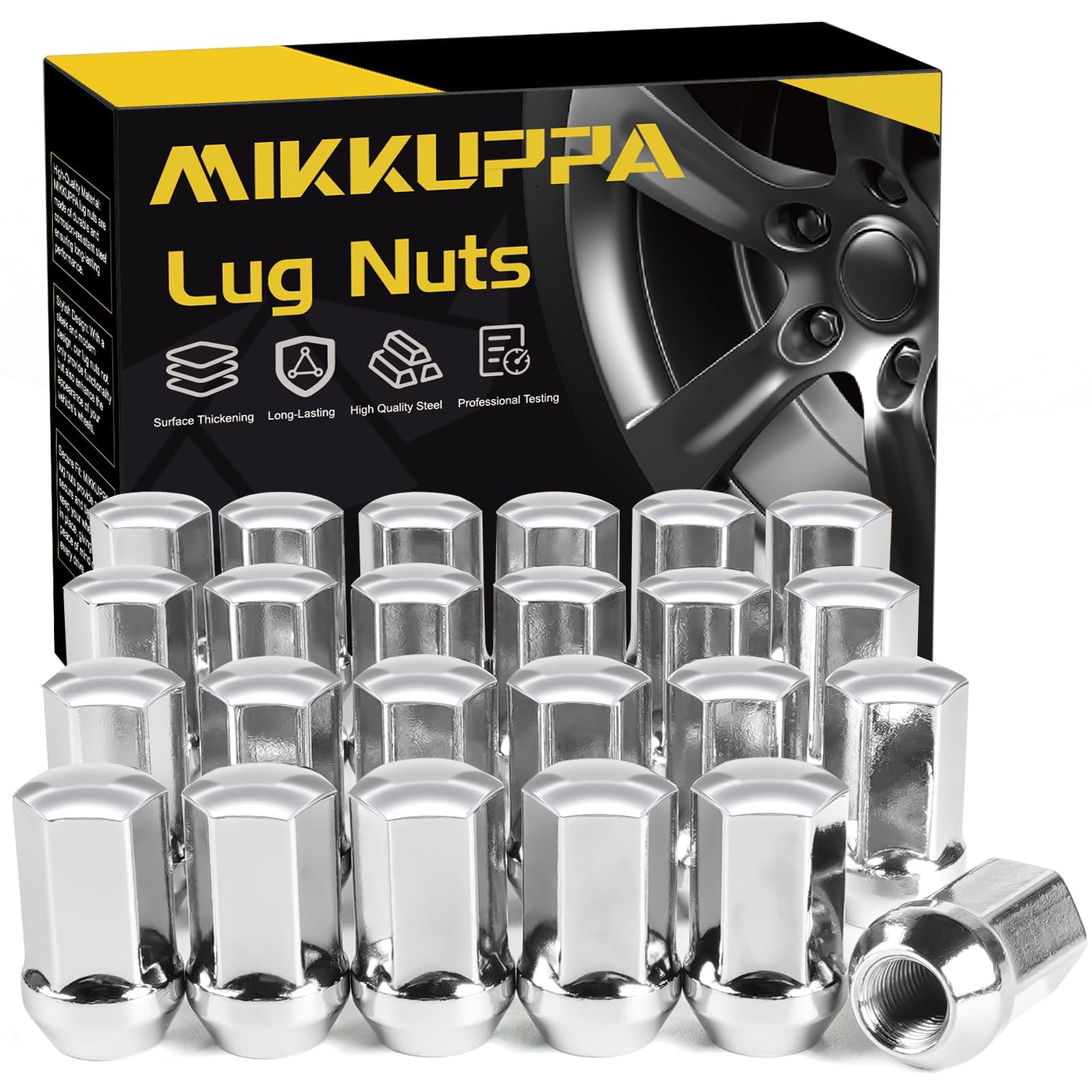 MIKKUPPA front packaging showing 24 chrome lug nuts and clear fitment benefits