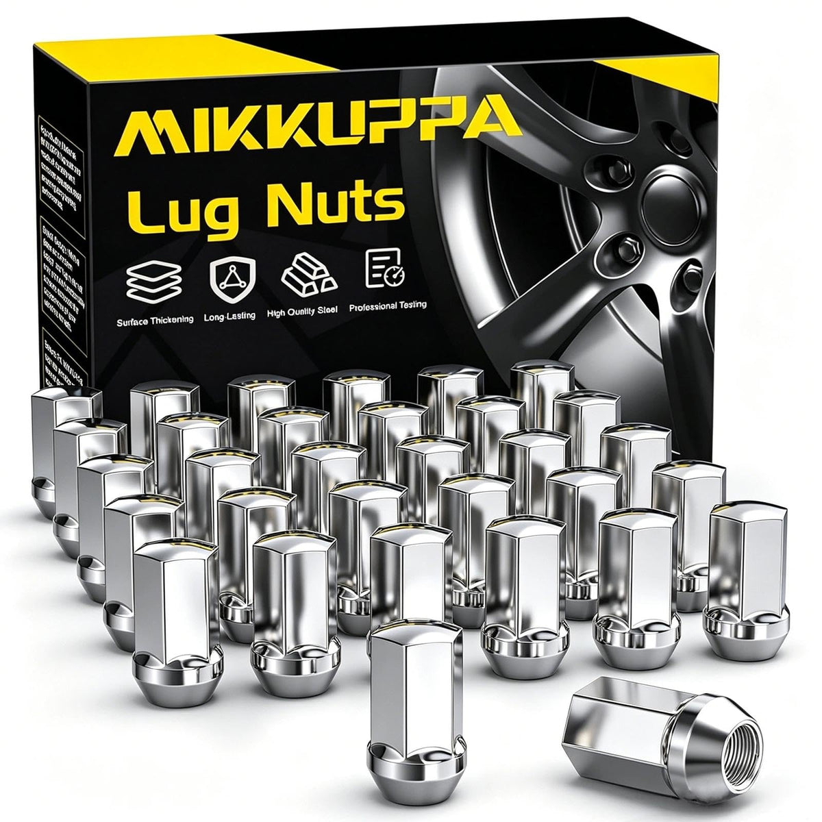 MIKKUPPA front view of 32-piece lug nut kit showing complete set and chrome benefit