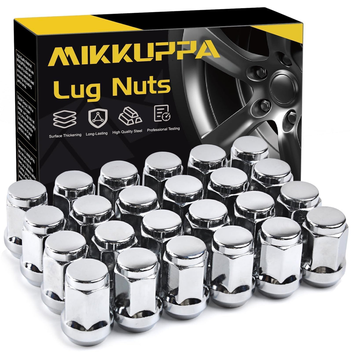 MIKKUPPA front view of 24pcs chrome lug nuts showing complete set and durability