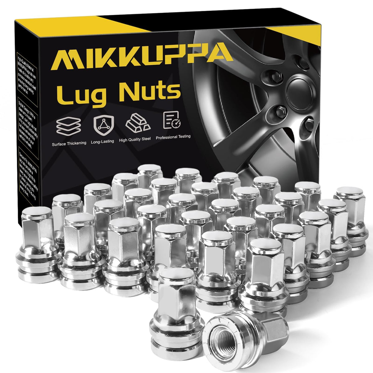 MIKKUPPA front view packed lug nuts showing fit and chrome finish benefit