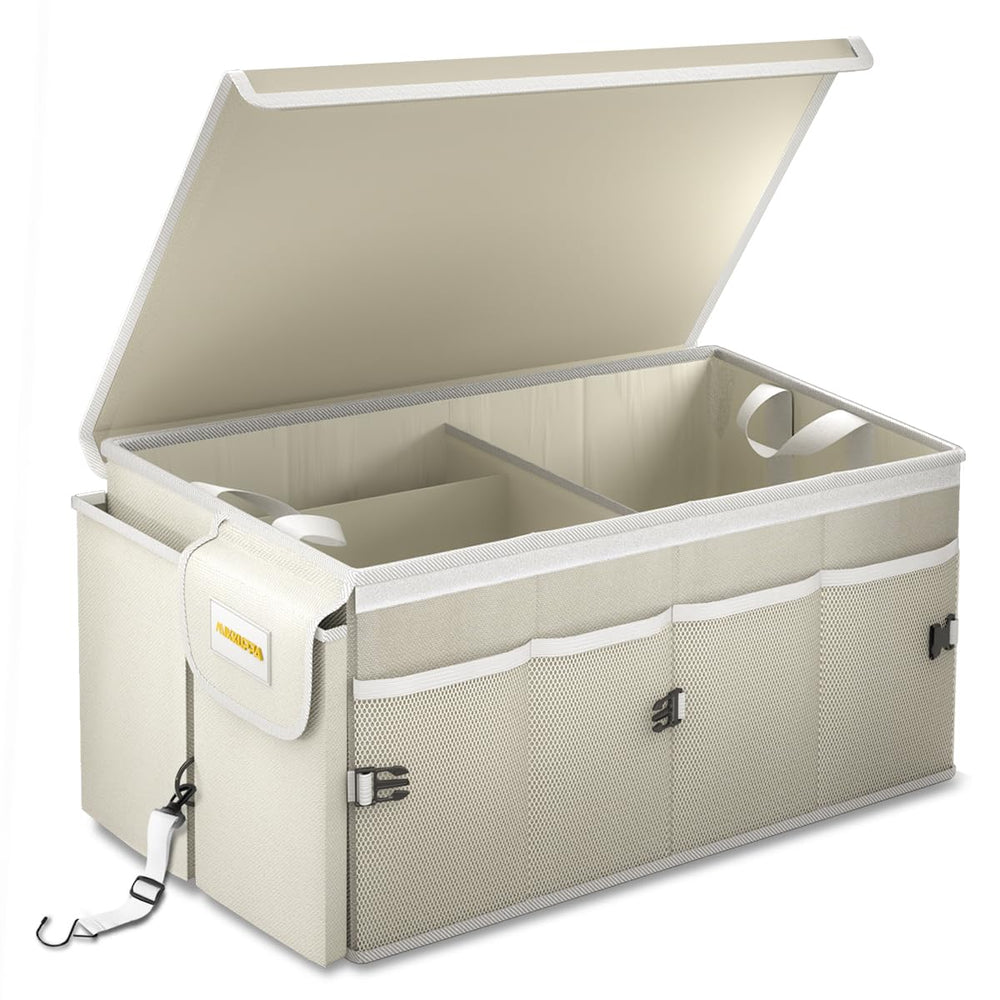 MIKKUPPA front view of white trunk organizer showing structured storage benefit