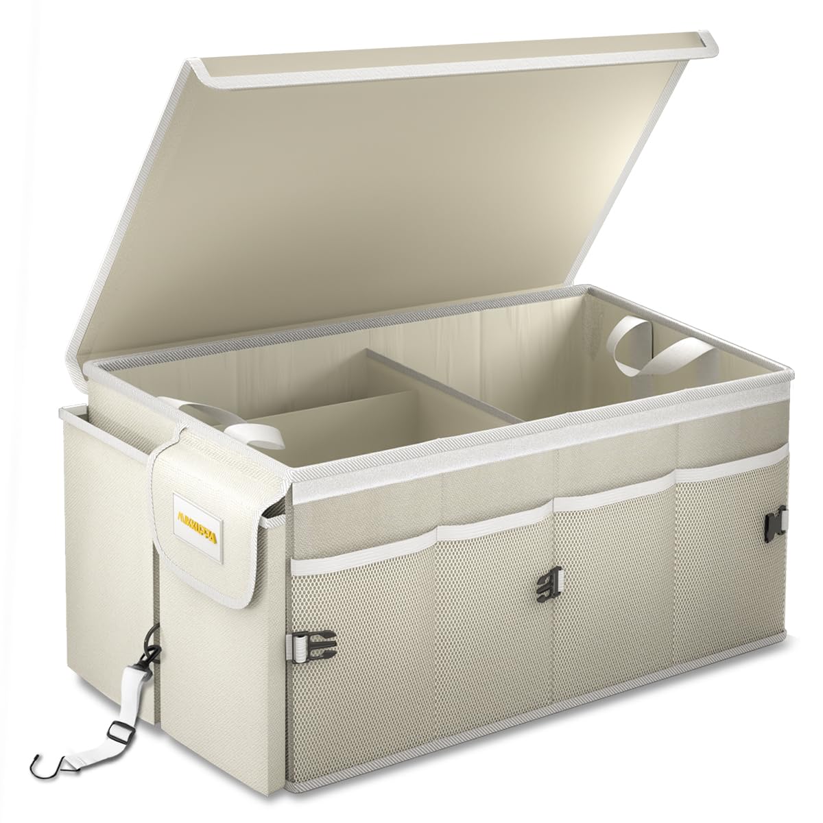 MIKKUPPA front view of white trunk organizer showing structured storage benefit