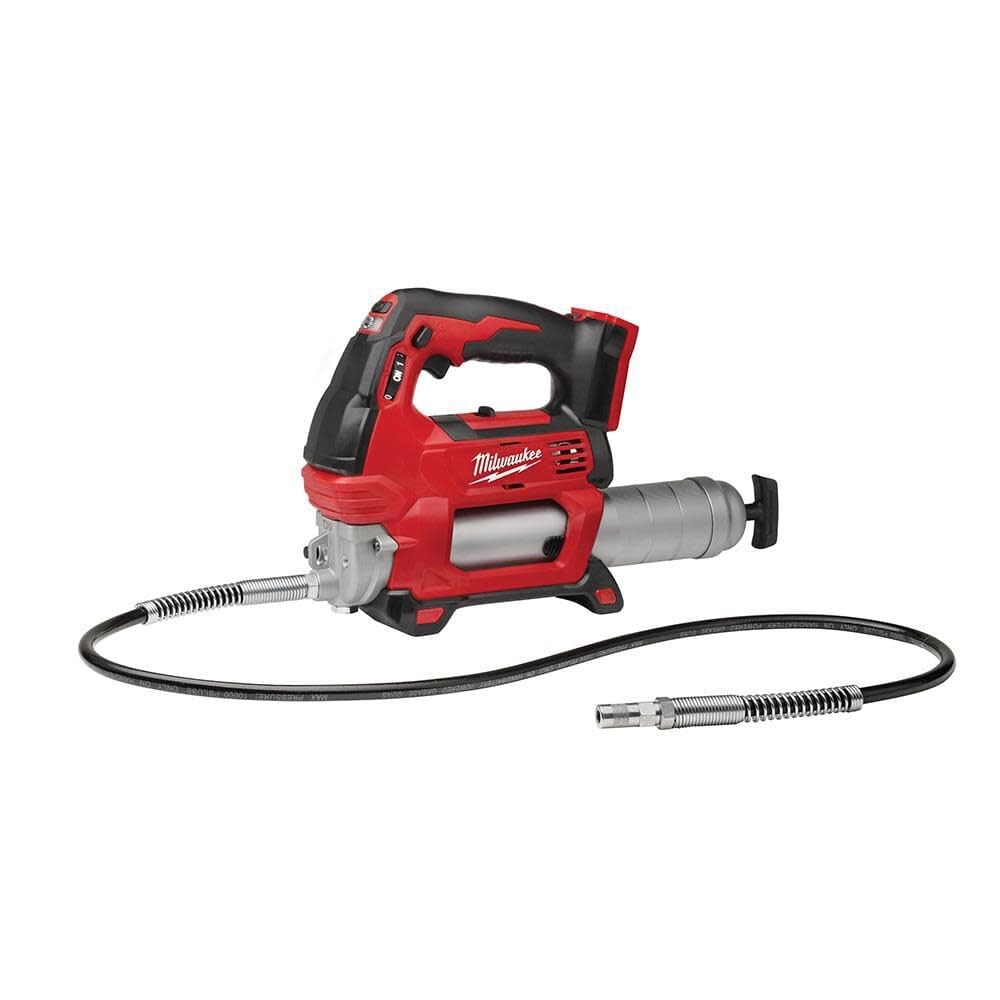 milwaukee front view of grease gun showing compact body and nozzle, improves portability