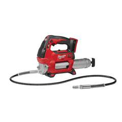 milwaukee front view of grease gun showing compact body and nozzle, improves portability